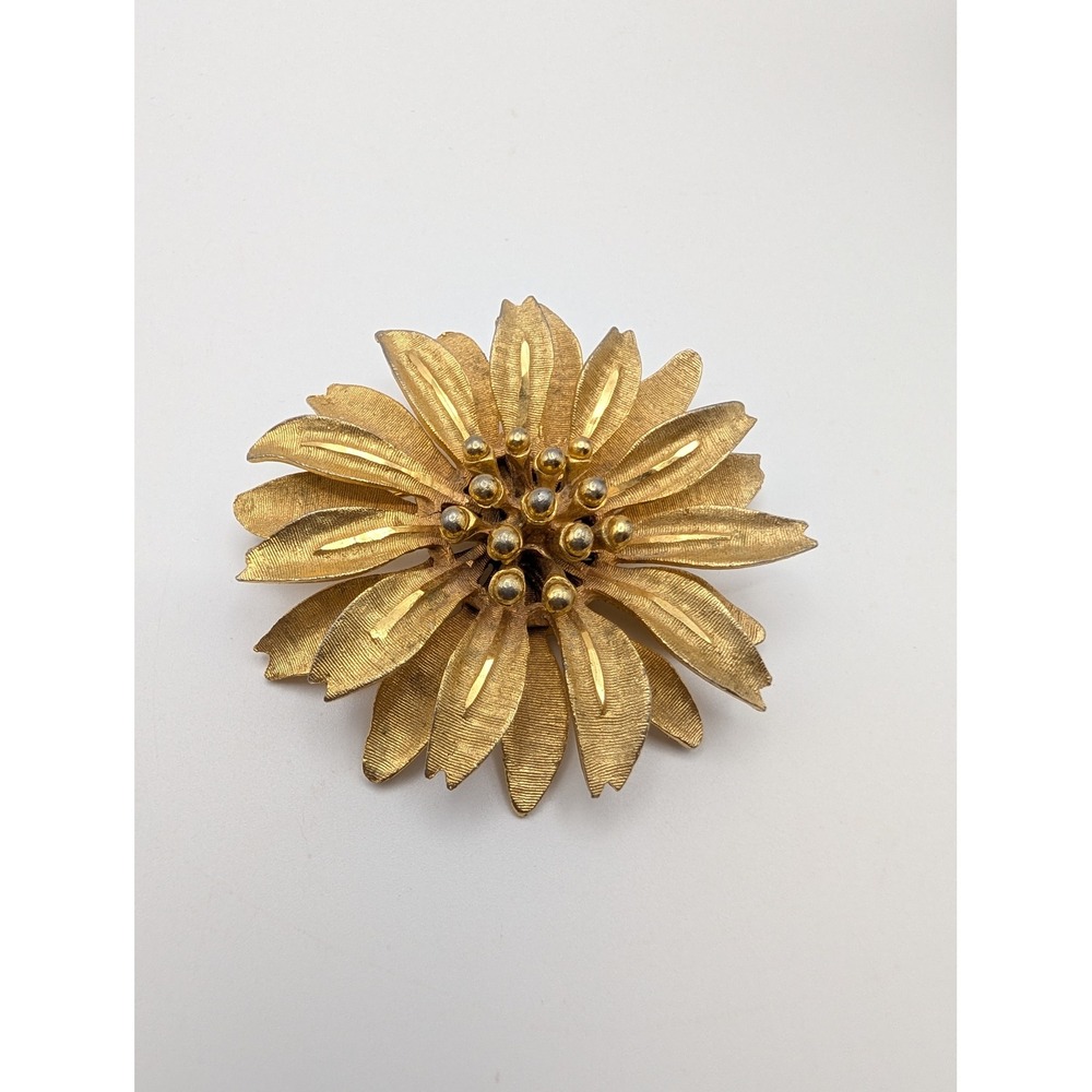 Vintage BSK Signed Gold Tone Layered Flower Brooch Textured Petals MCM Floral